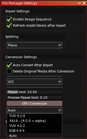 The Conversion Settings format dropdown of File Manager Settings, open on YUV 4:2:0, YA16, YUV 4:2:2, RGB 4:4:4 and Auto.