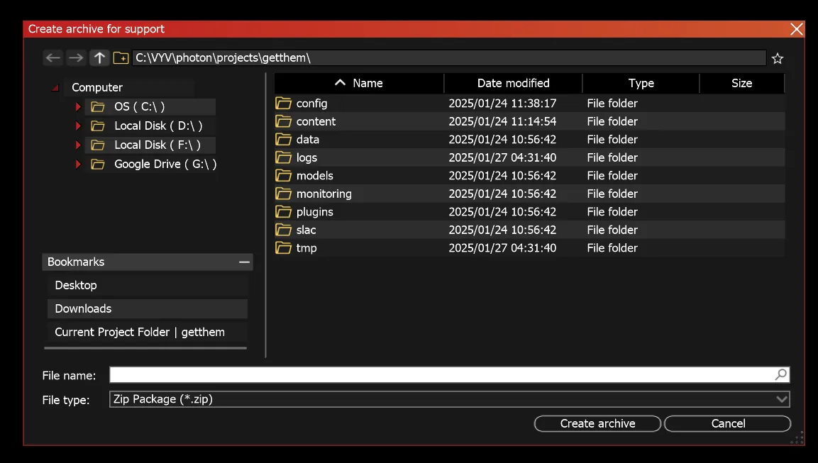 The Create archive for support dialog, with File type set to Zip Package (*.zip) and an empty File name before Create archive.