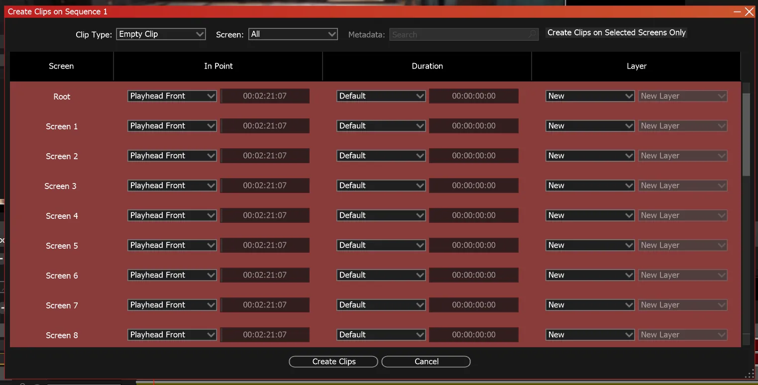 The Create Clips window after Ctrl+A, with the Root and every Screen row selected in red.