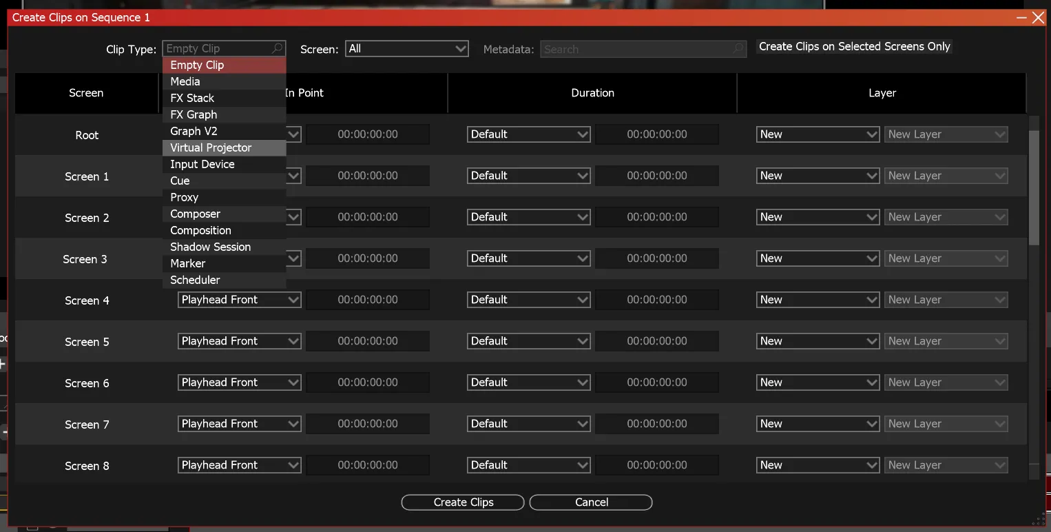 The Clip Type drop-down of the Create Clips window, open with Virtual Projector among the clip types.