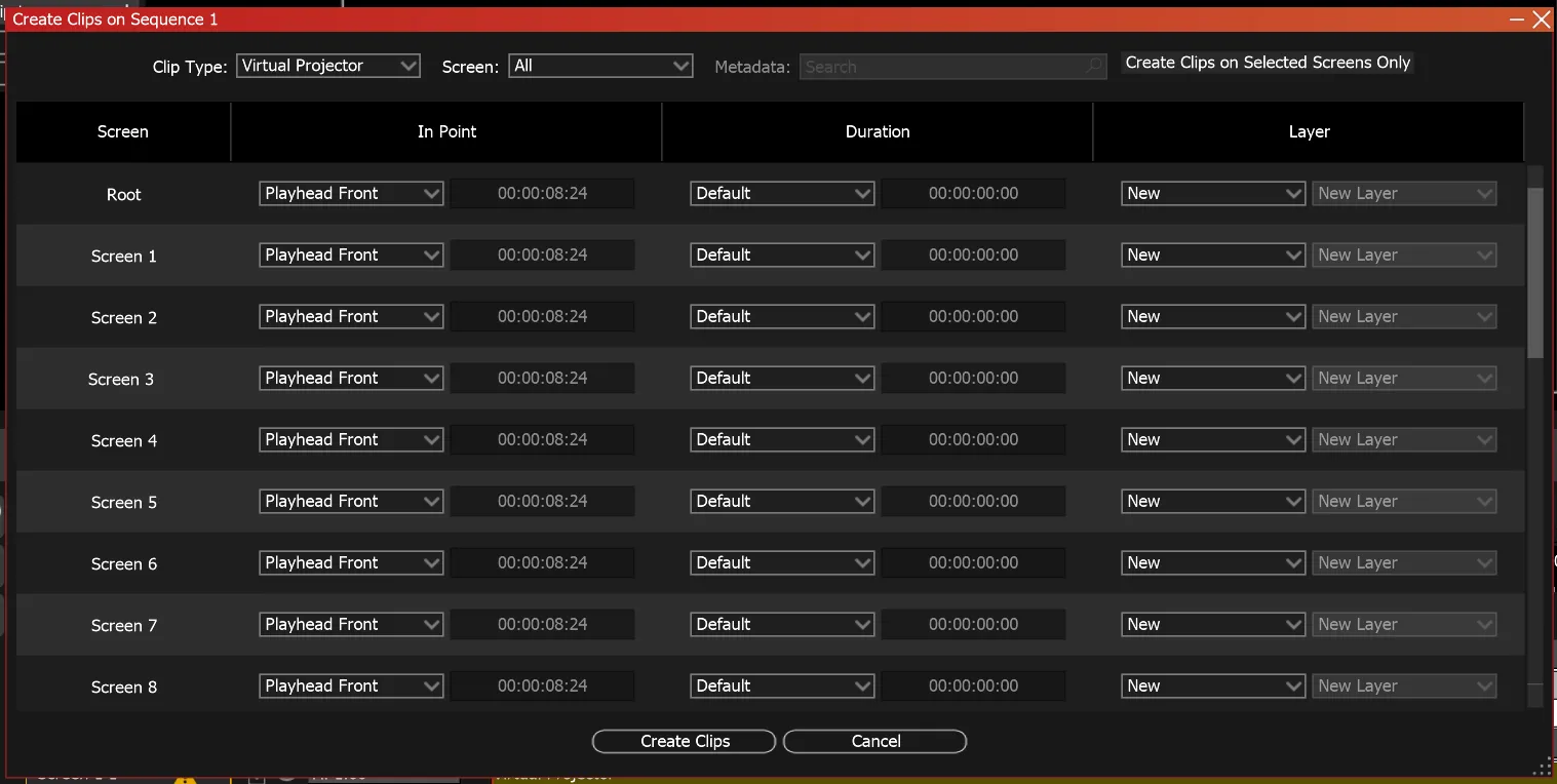 The Create Clips window, with Clip Type set to Virtual Projector for the Root and every Screen row.