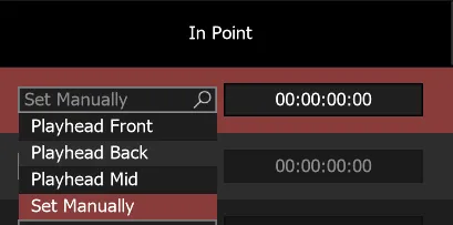 The In Point drop-down of the Create Clips window, open on Playhead Front, Playhead Back, Playhead Mid and Set Manually.
