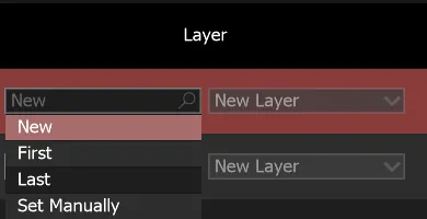 The Layer drop-down of the Create Clips window, open on New, First, Last and Set Manually.