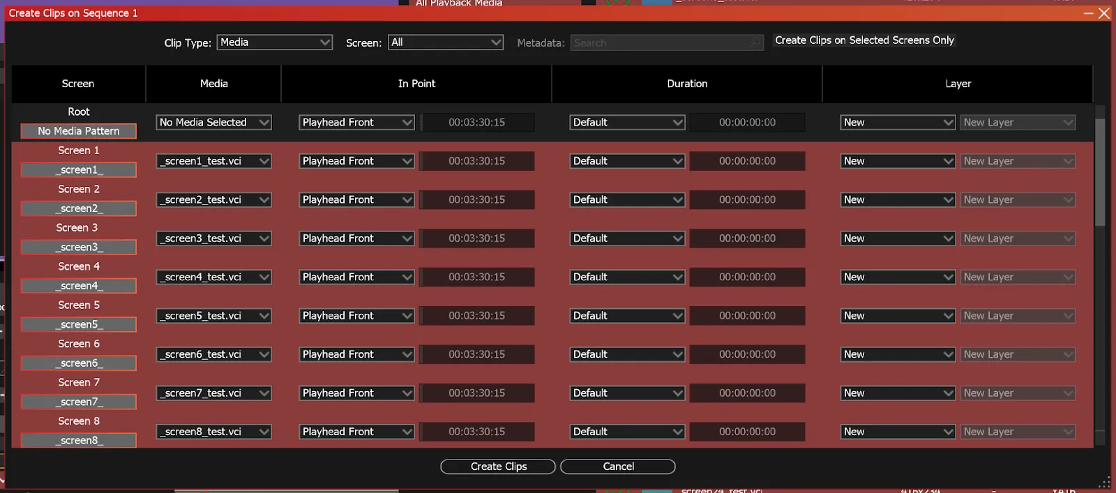 The Create Clips window in Media mode, each Screen's _screenN_ pattern linked to its matching media file.