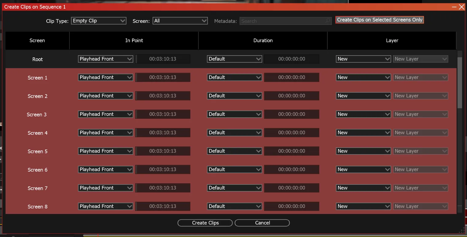 The Create Clips window, with Create Clips on Selected Screens Only enabled and every row but Root selected in red.
