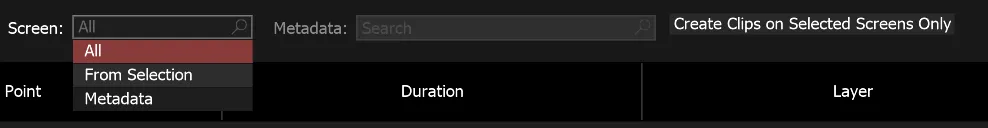 The Screen drop-down of the Create Clips window, open on All, From Selection and Metadata.