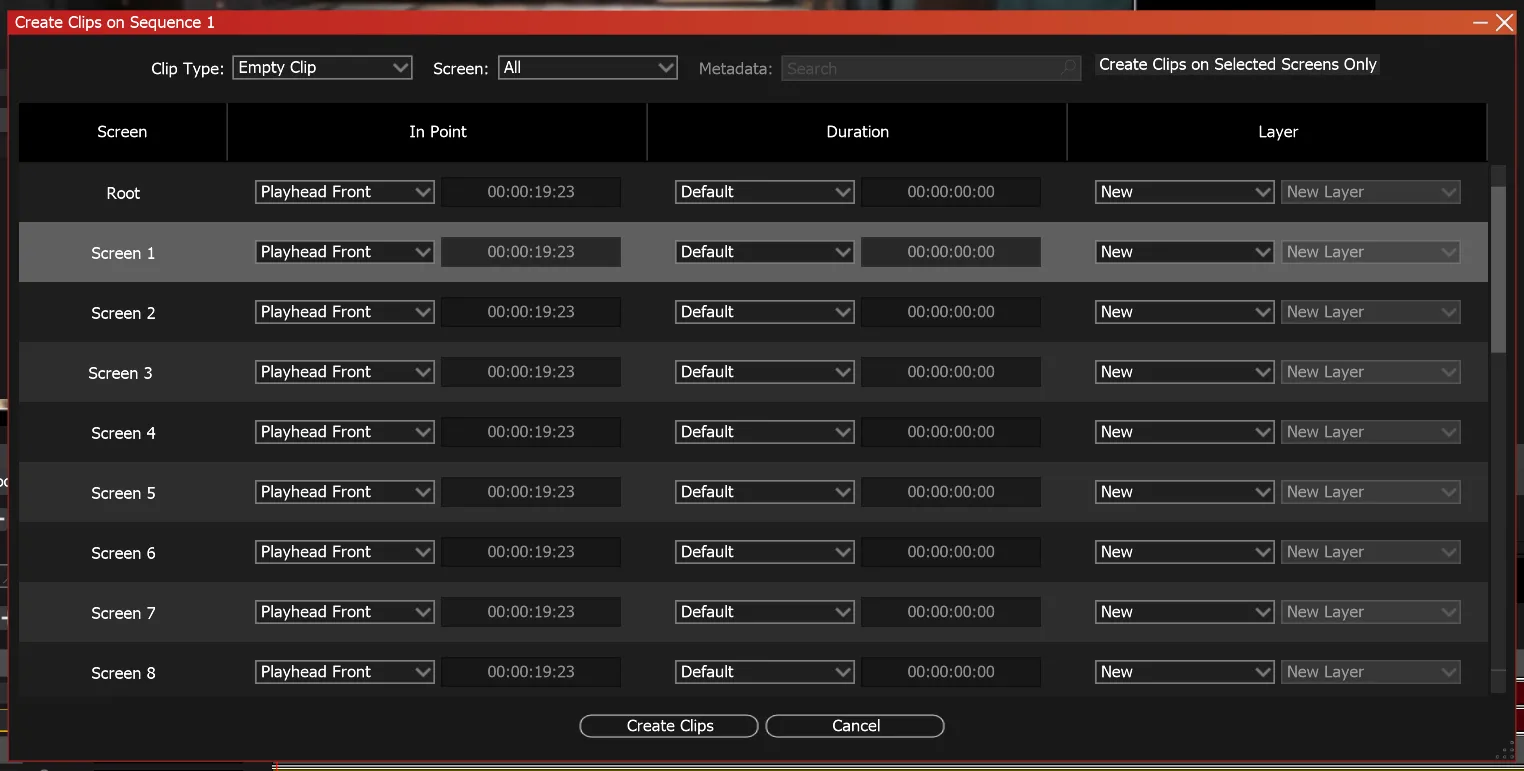 The Create Clips on Sequence 1 window as it opens, Clip Type on Empty Clip and each row on Playhead Front, Default, New.