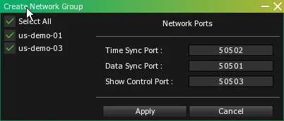The Create Network Group window with Select All checked, us-demo-01 and us-demo-03 included, and the three Network Ports fields.