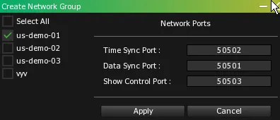 The Create Network Group window, us-demo-01 checked with a green mark, the other servers unchecked, and the Network Ports fields.