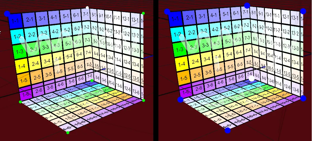 The cube corner with a first Calibration Point, then with all seven, the selected one white and the others blue.