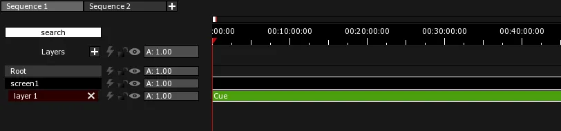 A Cue Clip on layer 1 of screen1 in the Timeline, drawn in its default green.