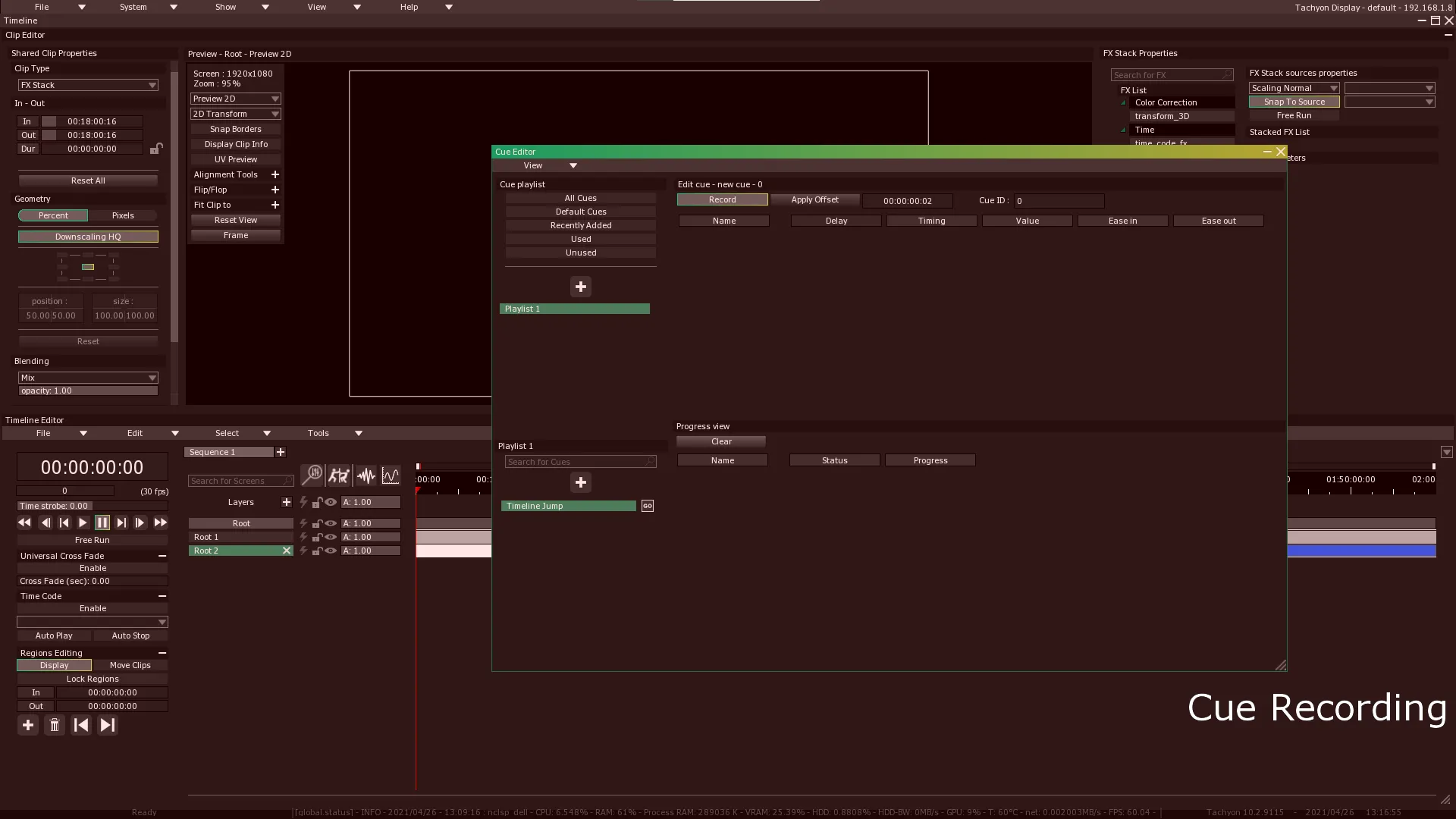 The whole interface turned red in Cue Recording mode, the Cue Editor open and the words Cue Recording at bottom right.