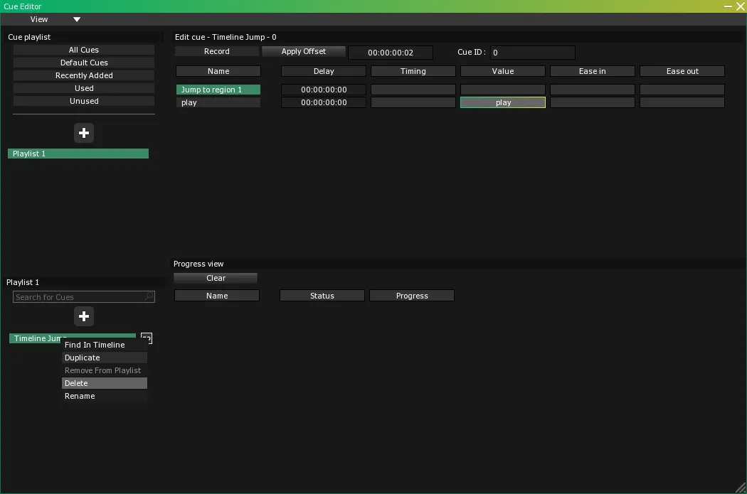 The Cue Editor with the context menu of the Timeline Jump cue open in Playlist 1: Find In Timeline, Duplicate, Delete, Rename.