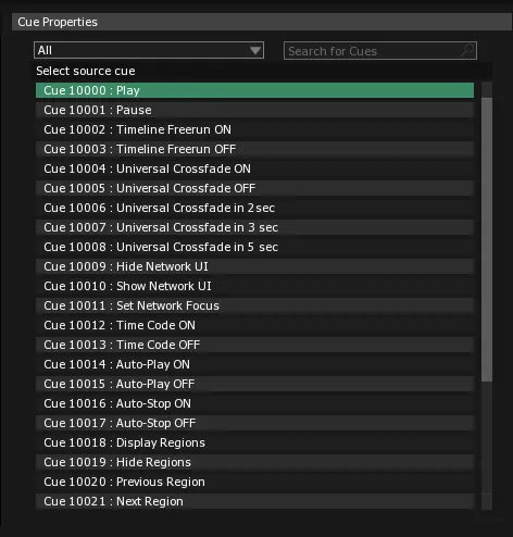 The Cue Properties window, with Cue 10000 : Play selected in the Select source cue list.