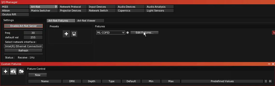 The I/O Manager Art-Net Fixtures tab: Edit Fixtures... opens the Custom Fixtures window, the pointer on its import button.