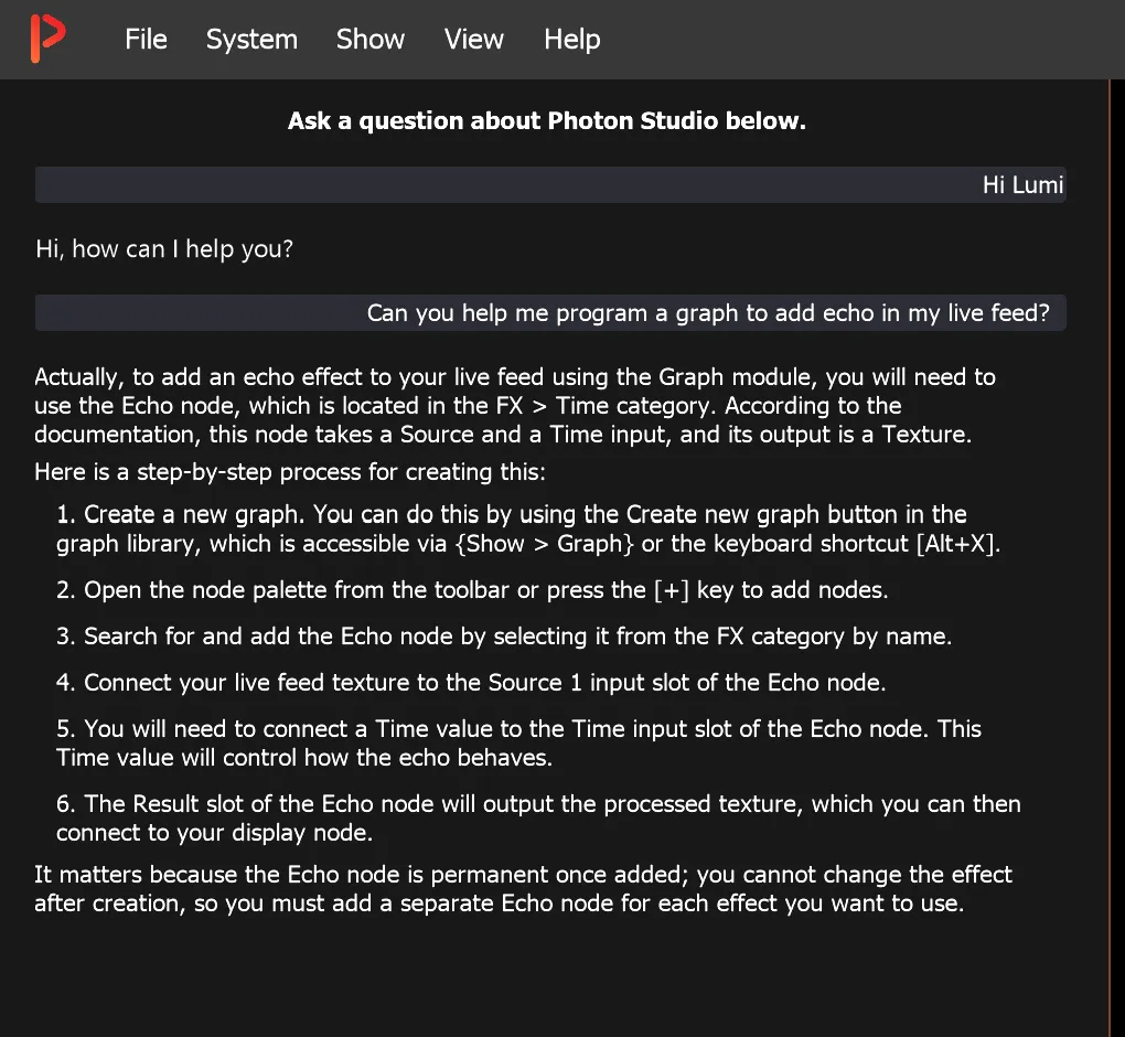 Lumi inside PHOTON Studio, answering a question about adding an echo to a live feed with a graph, step by step.