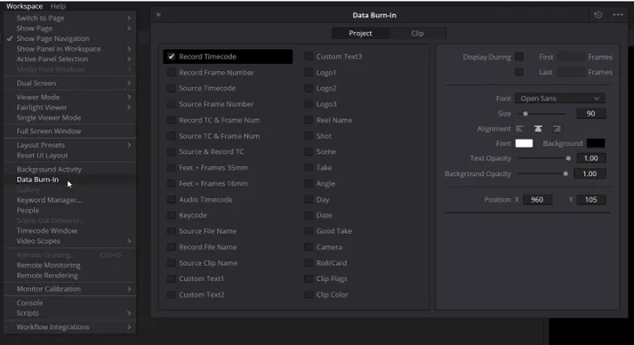 Data Burn-In chosen in the Workspace menu, and its window with Record Timecode checked on the Project tab.