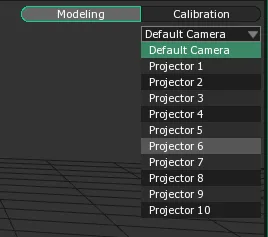 The Default Camera dropdown, open on Projector 1 to Projector 10, any of which can become the 3D Scene Preview's point of view.