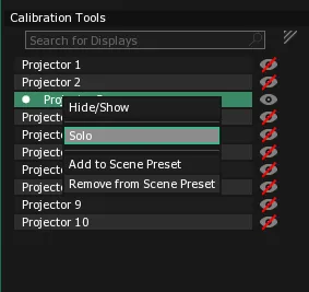 The Calibration Tools Display list, with the contextual menu of Projector 3 open and Solo highlighted.