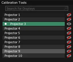 The Calibration Tools Display list, with Projector 3 selected and the Eye icons of all other Projectors struck through in red.