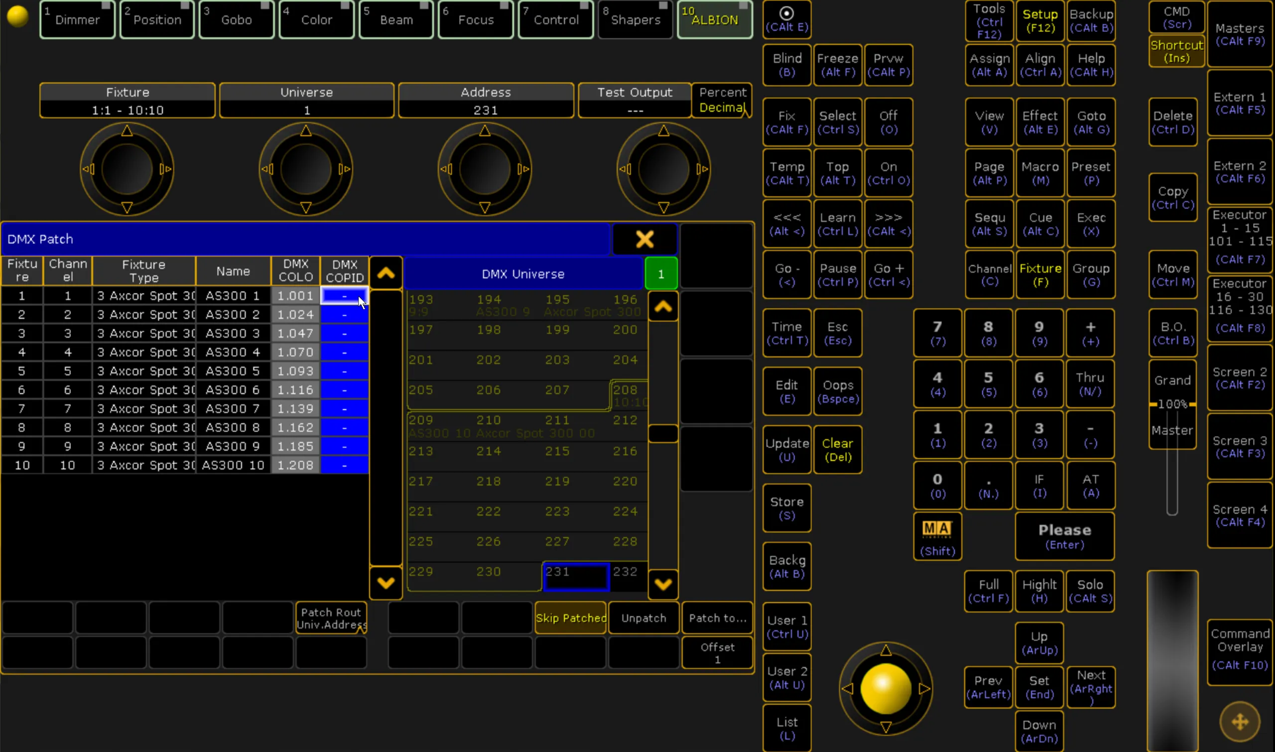The grandMA DMX Patch window, the DMX COPID column of fixtures AS300 1 to 10 selected and still unpatched, universe 1 shown.