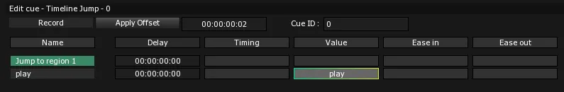The Edit cue section of Timeline Jump, its two actions listed under the Delay column header that sorts them by delay.