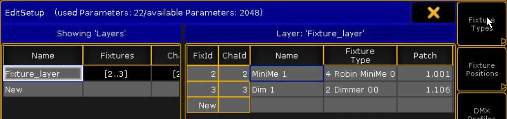 The grandMA EditSetup window on Fixture_layer, with the pointer on the Fixture Types button on the right.