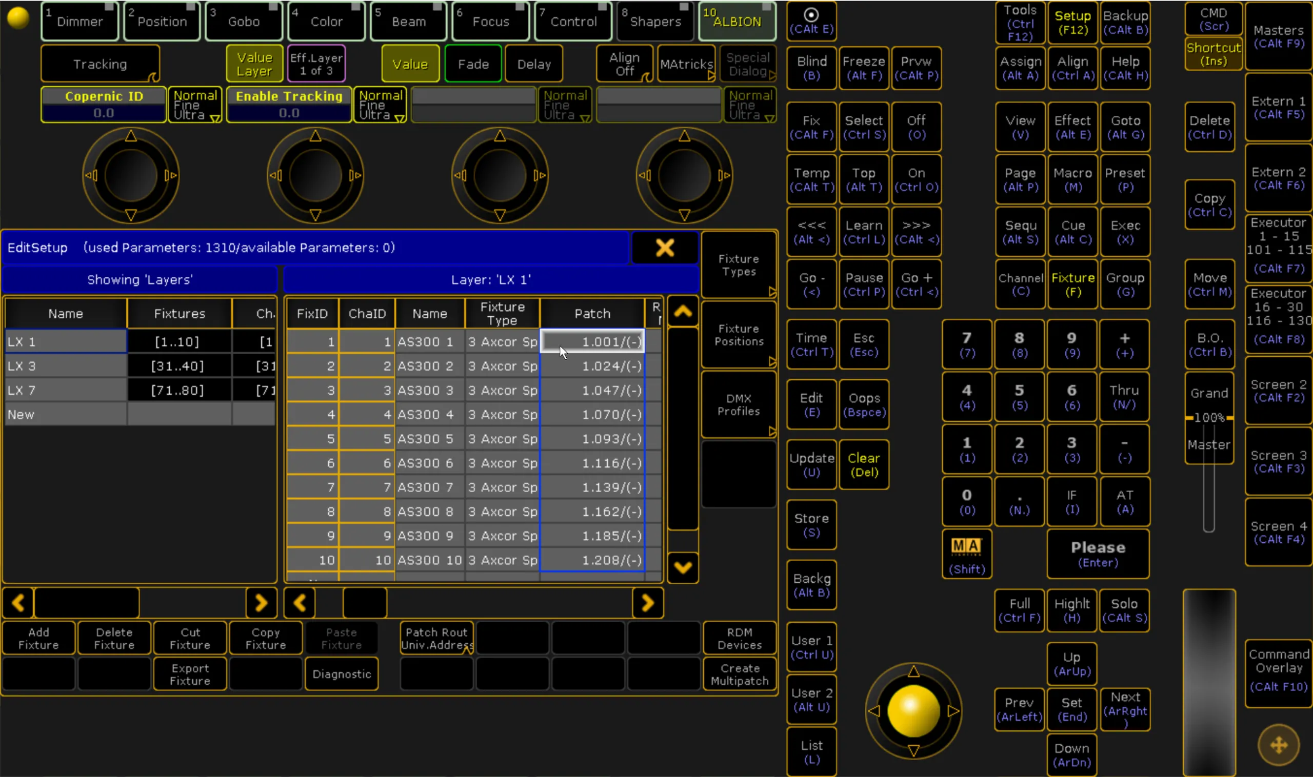 The grandMA EditSetup window on layer LX 1, the Patch column showing each Axcor Spot 300 with its second break unpatched (-).