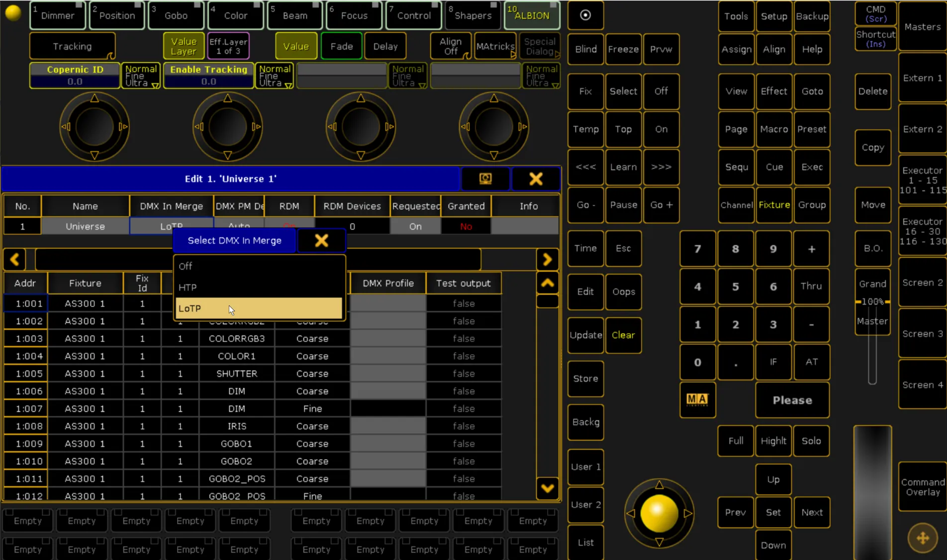 The Edit window of Universe 1, the Select DMX In Merge list open and LoTP chosen over Off and HTP.