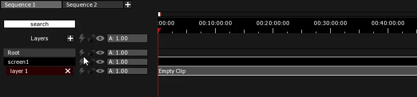 An Empty Clip on layer 1 of screen1 in the Timeline, drawn in its default grey.