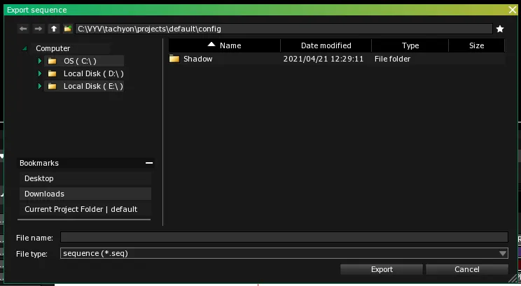 The Export sequence dialog, with the File name field, the File type set to sequence (*.seq) and the Export button.