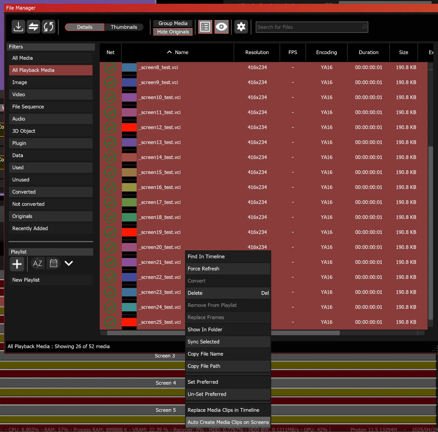 The File Manager with the screen media selected, its right-click menu on Auto Create Media Clips on Screens.