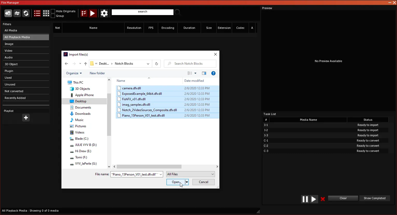 The Import file(s) window over the File Manager, six .dfxdll Notch Blocks selected and the pointer on Open.