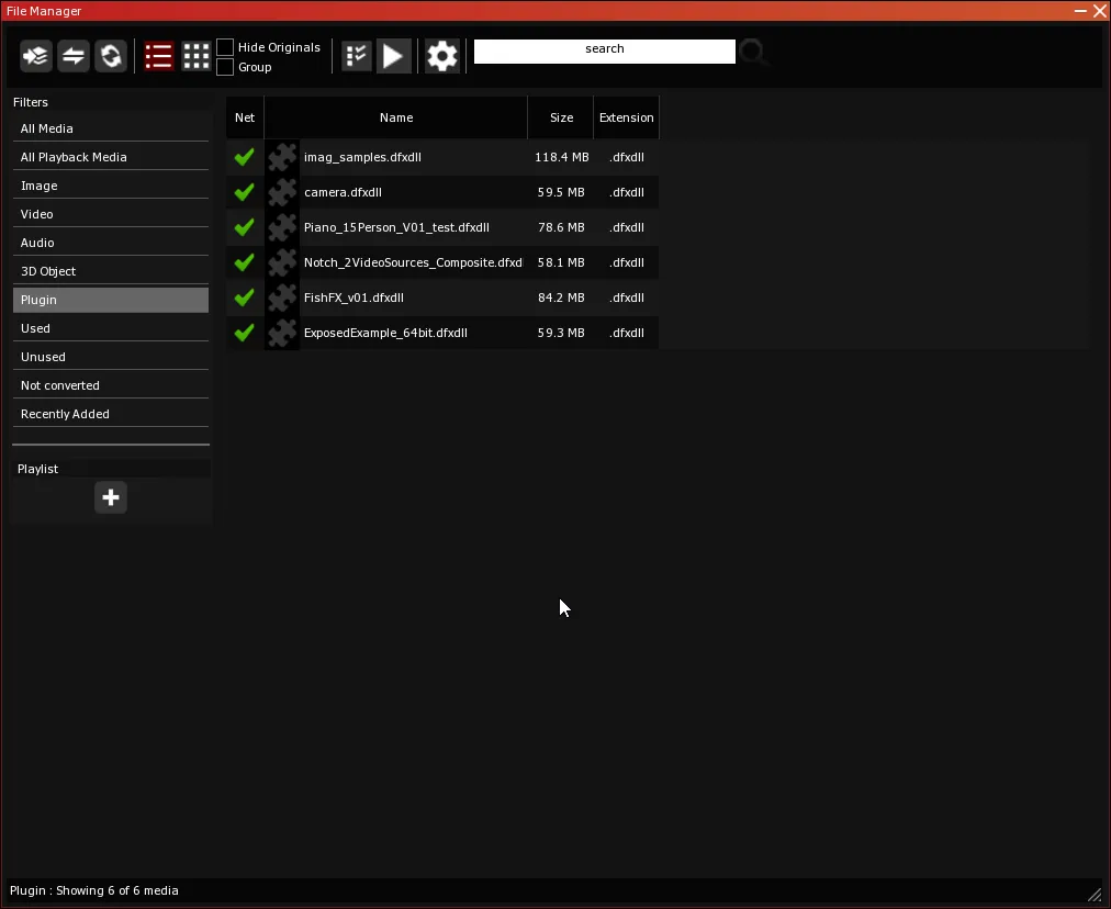 The File Manager filtered on Plugin, listing the six imported .dfxdll Notch Blocks, each with a green check under Net.