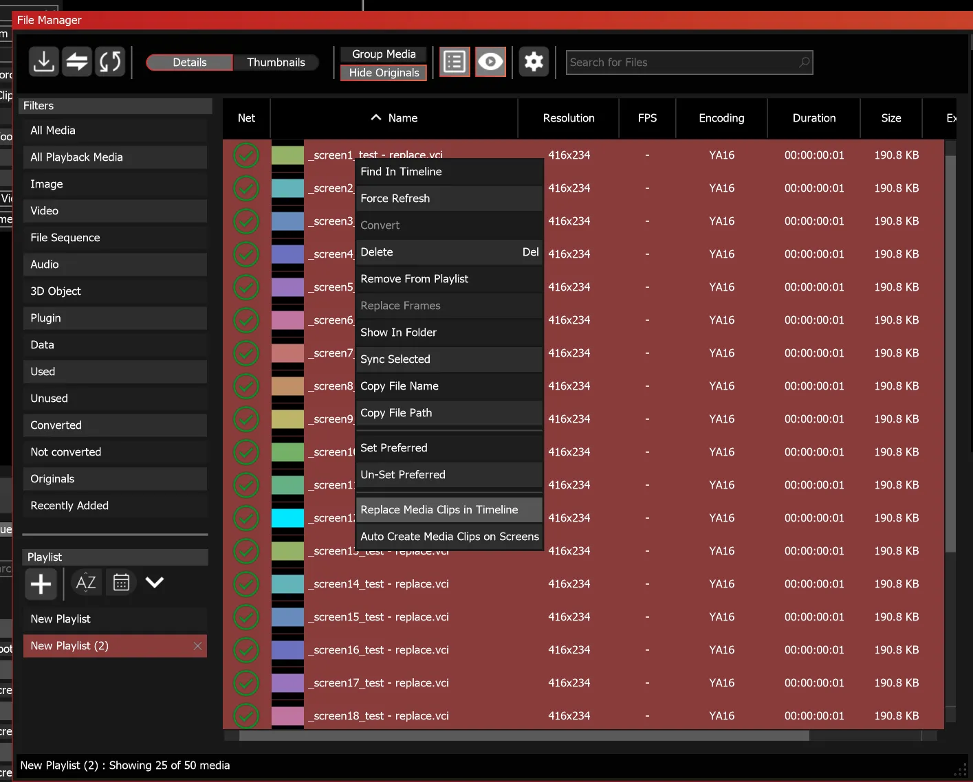 The File Manager with the replacement media selected, its right-click menu on Replace Media Clips in Timeline.