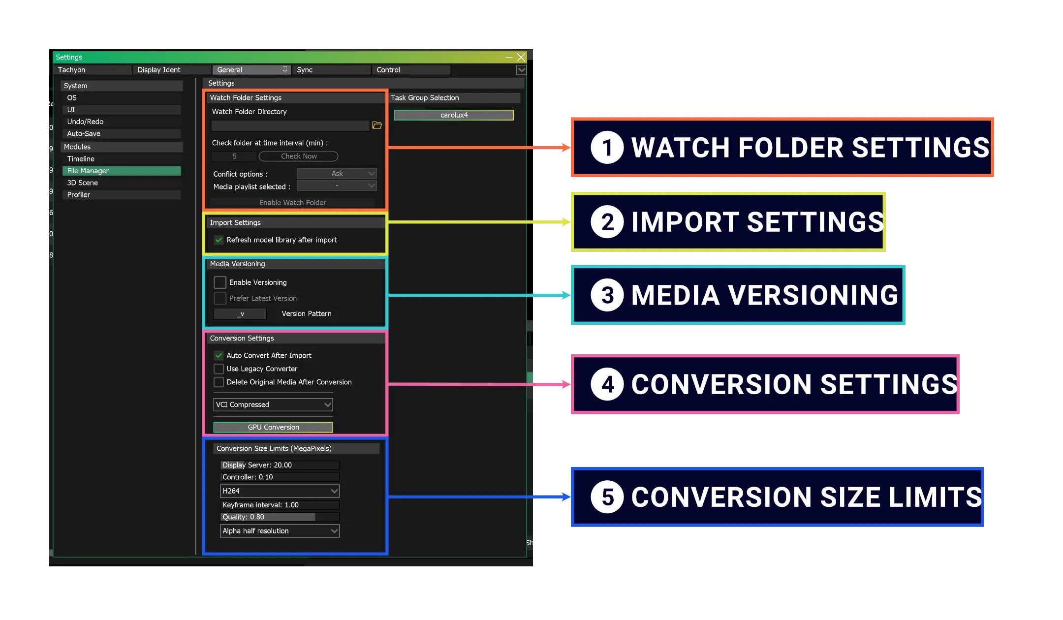 The File Manager Settings in five framed groups: Watch Folder, Import, Media Versioning, Conversion Settings, Conversion Size Limits.