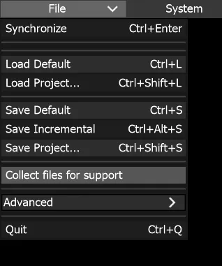 The File menu of the Main Menu Bar, with Collect files for support highlighted between the save commands and Advanced.