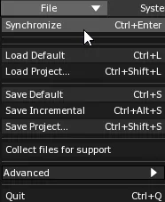 The File menu, with the pointer on Synchronize, shortcut Ctrl+Enter, at the top of the list.