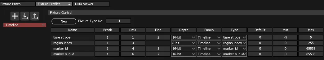 The Fixture Profiles tab on the Timeline profile, listing marker id and marker sub id as 16-bit parameters on DMX 4 and 6.