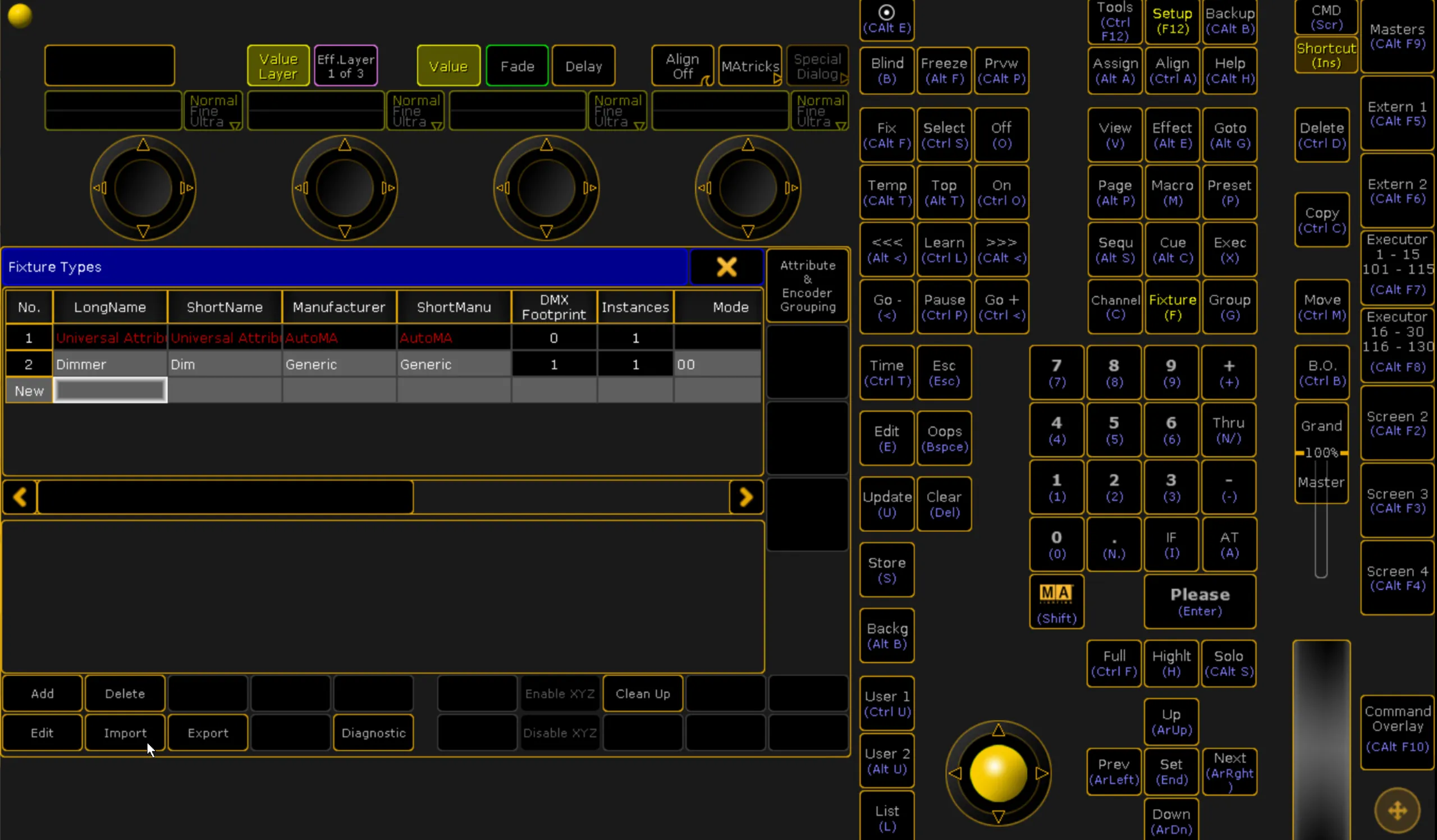 The grandMA Fixture Types window listing Universal Attributes and Dimmer, with the pointer on the Import button.