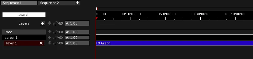 An FX Graph Clip on layer 1 of screen1 in the Timeline, drawn in its default deep blue.