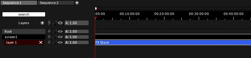 An FX Stack Clip on layer 1 of screen1 in the Timeline, drawn in its default light blue.