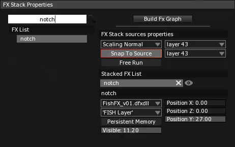 The FX Stack Properties panel, notch in the Stacked FX List and its Notch sub-section loading FishFX_v01.dfxdll.