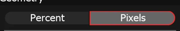 The Percent and Pixels radio button of the Geometry section, with Pixels selected for geometry, cropping and rotation center values.