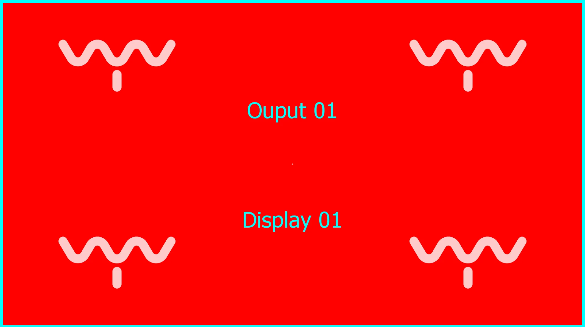 An identification card on a red background with a cyan frame, four VYV logos, and the output and display names in cyan.