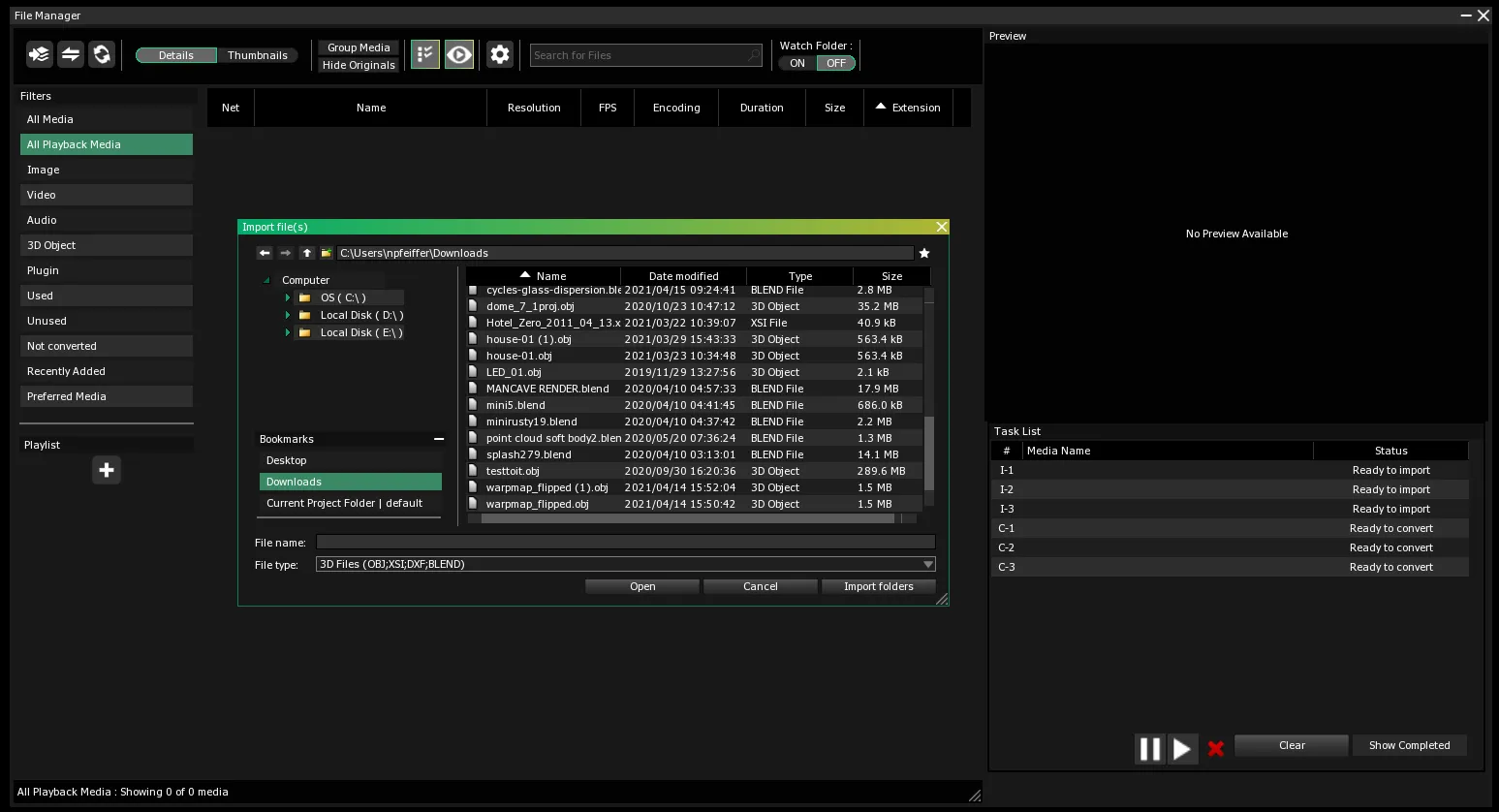 The Import file(s) window over the File Manager, with File type set to 3D Files (OBJ;XSI;DXF;BLEND) before clicking Open.