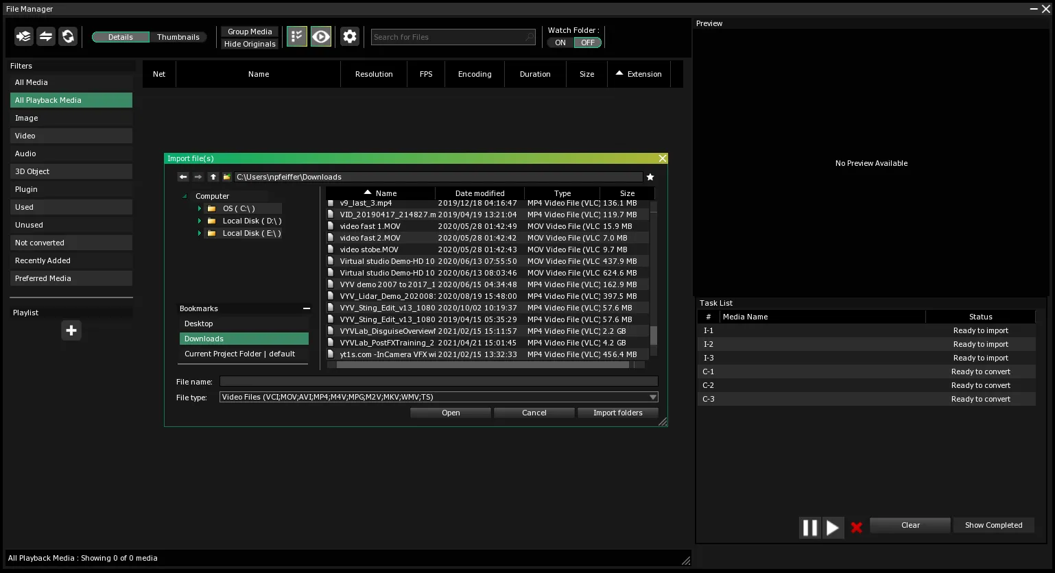 The Import file(s) window over the File Manager, with File type set to Video Files before selecting the files and clicking Open.