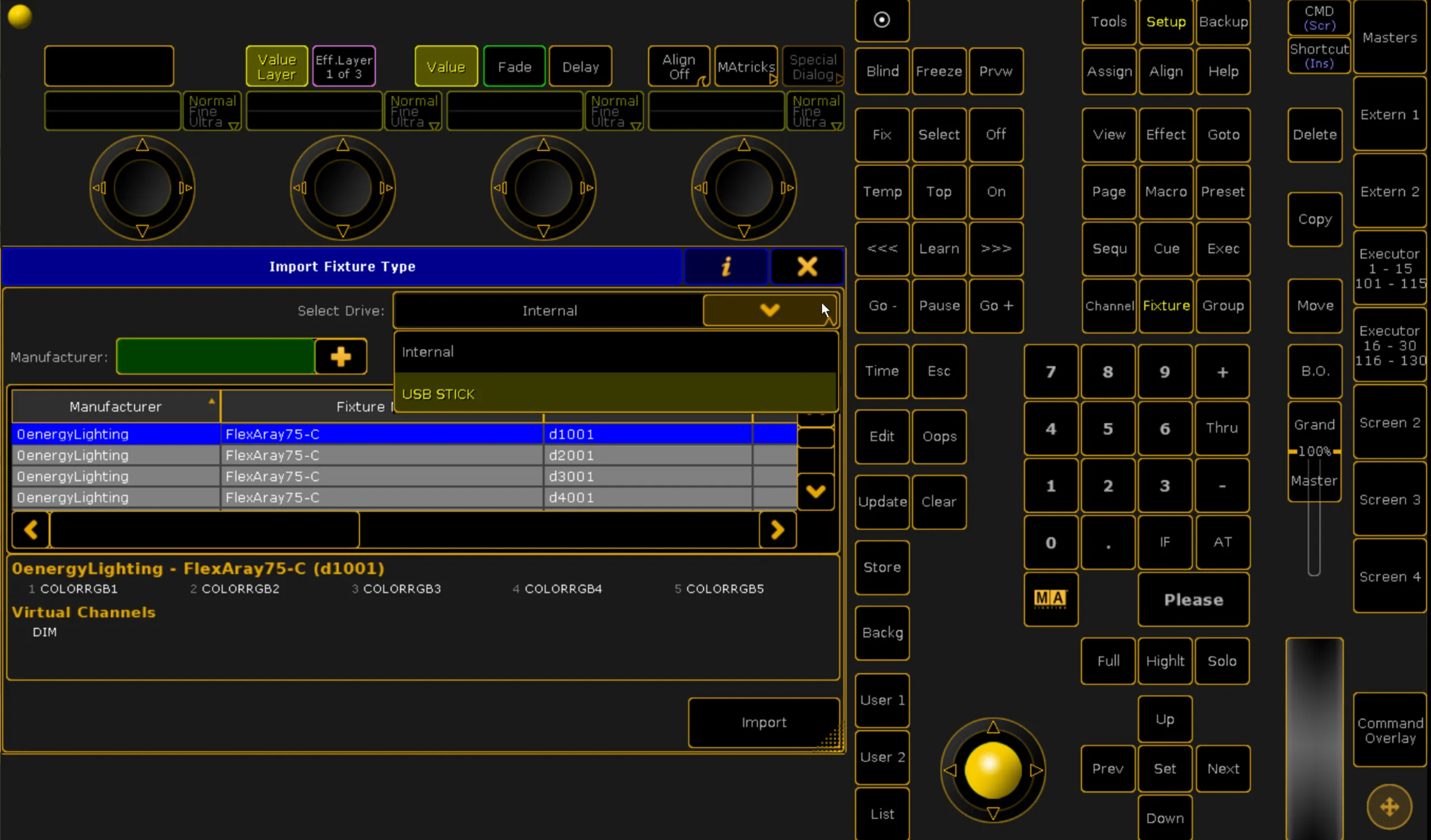 The grandMA Import Fixture Type window, the Select Drive dropdown open with USB STICK highlighted instead of Internal.