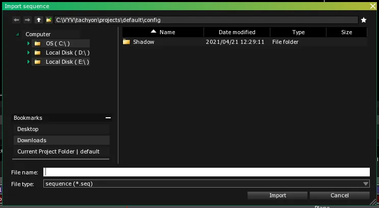 The Import sequence dialog, with the File type set to sequence (*.seq) and the Import button to load the file.