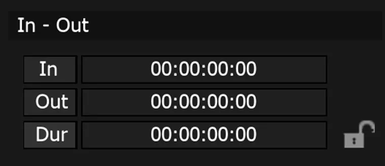 The In - Out section, with the In, Out and Dur time sliders at 00:00:00:00 and an open lock icon beside Dur.